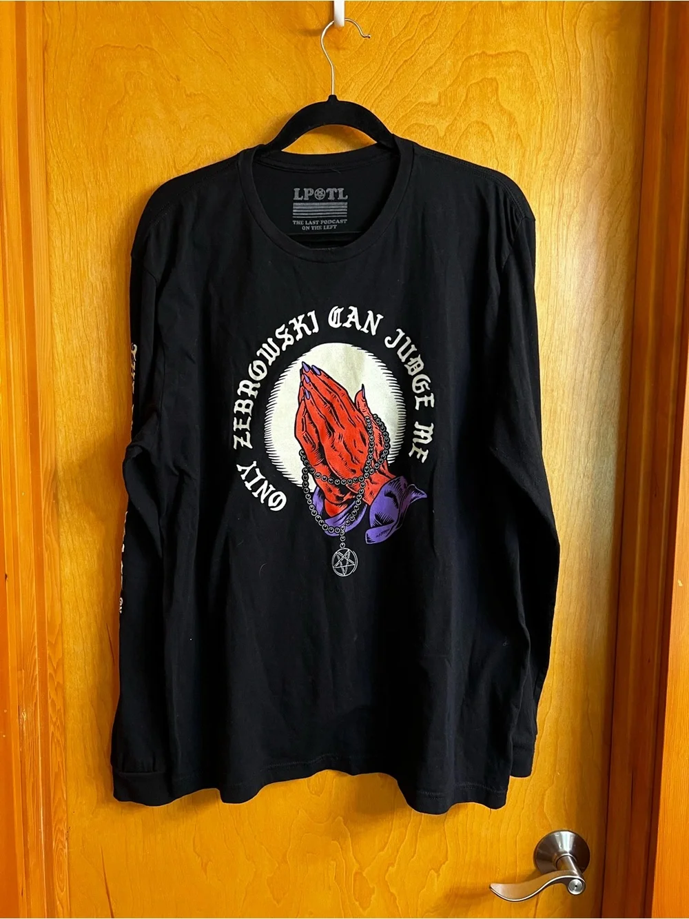 Black Long-Sleeve Graphic Tee with Red Praying-Hands Motif